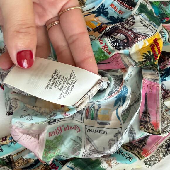 Alice + Olivia Willa Wanderlust Postcard Print Button Up Shirt Size S - Picture 5 of 6